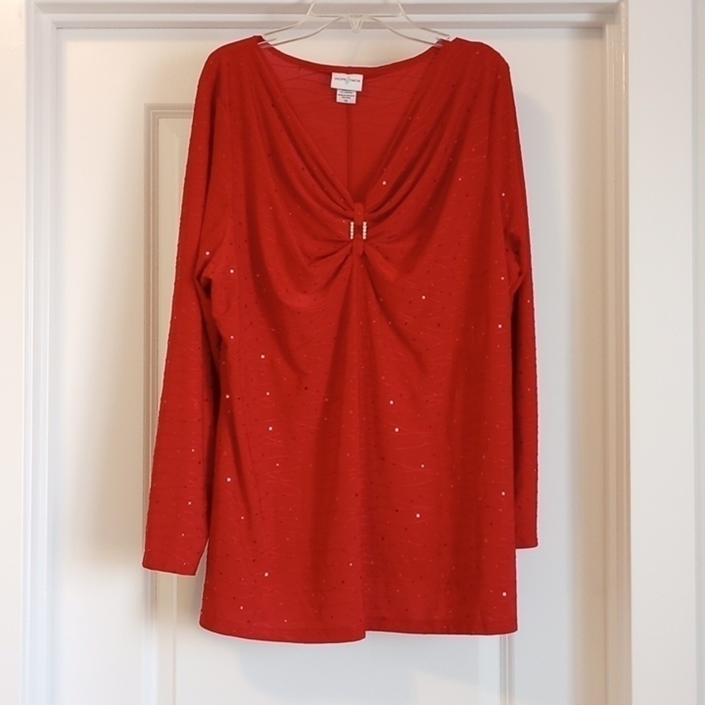 Jaclyn Smith Womens Blouse Sz 1X Red Sparkly Holiday Christmas Long Sleeve Gem